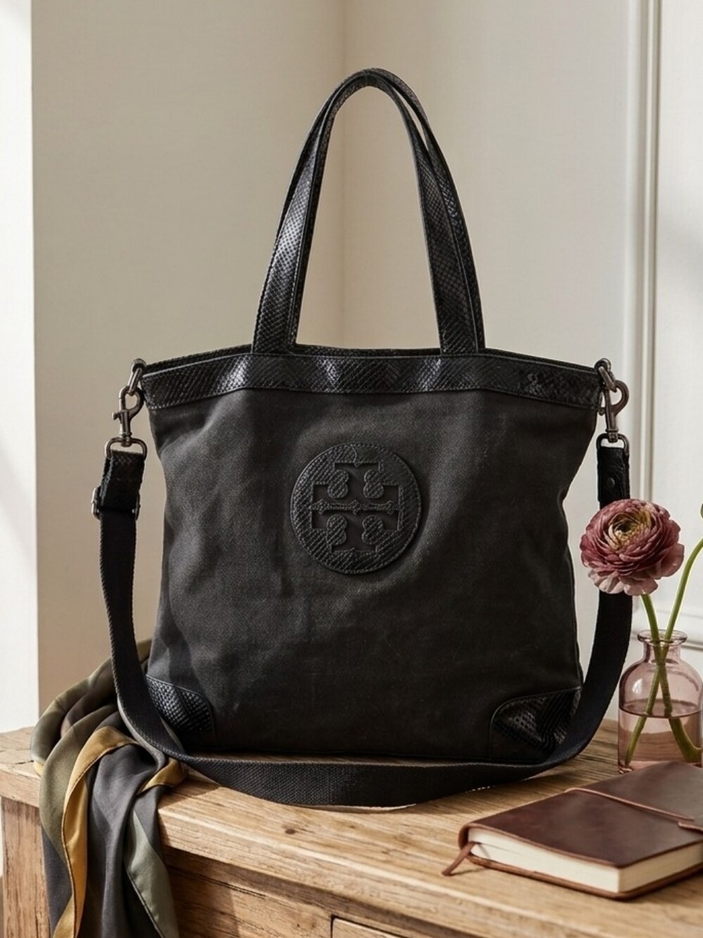 TORY BURCH Black Canvas and Patent Tote with Crossbody Strap